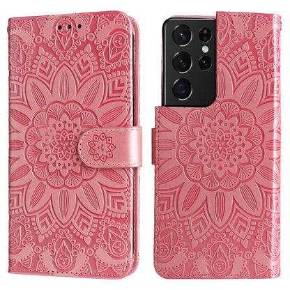 Samsung Galaxy S21 Ultra 5G Sunflower Embossed Leather Wallet Phone Case with Kickstand and Card Holder