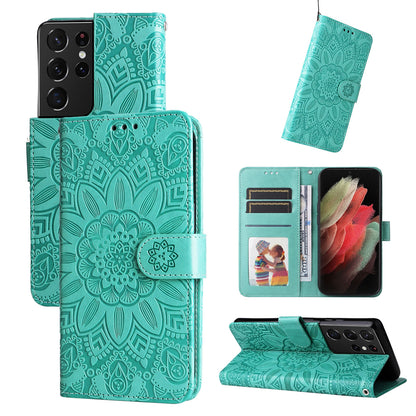 Samsung Galaxy S21 Ultra 5G Sunflower Embossed Leather Wallet Phone Case with Kickstand and Card Holder