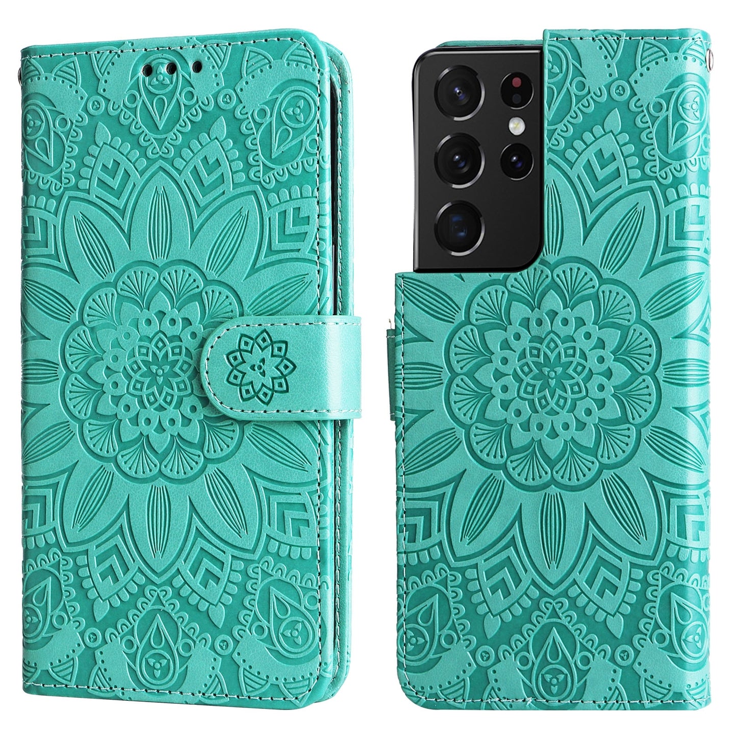 Samsung Galaxy S21 Ultra 5G Sunflower Embossed Leather Wallet Phone Case with Kickstand and Card Holder