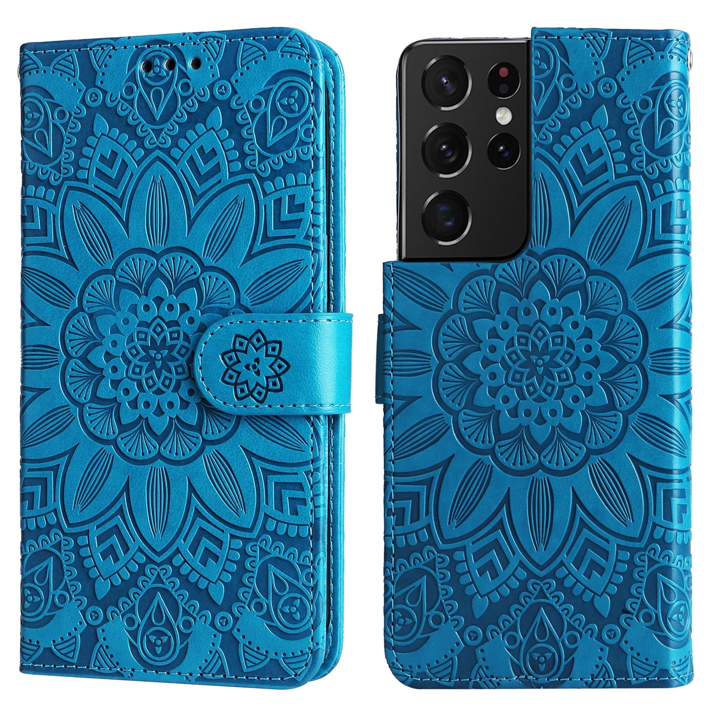 Samsung Galaxy S21 Ultra 5G Sunflower Embossed Leather Wallet Phone Case with Kickstand and Card Holder