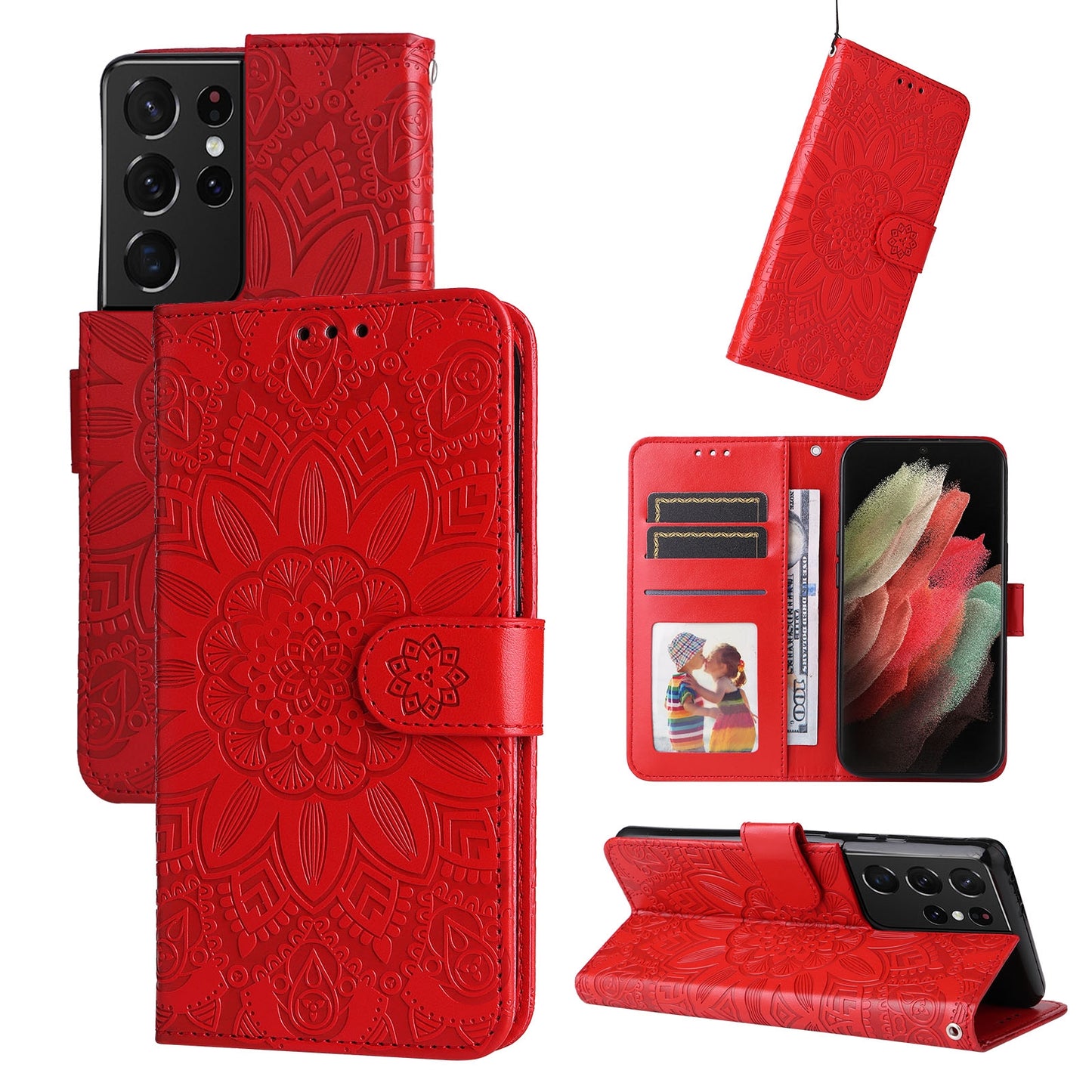 Samsung Galaxy S21 Ultra 5G Sunflower Embossed Leather Wallet Phone Case with Kickstand and Card Holder