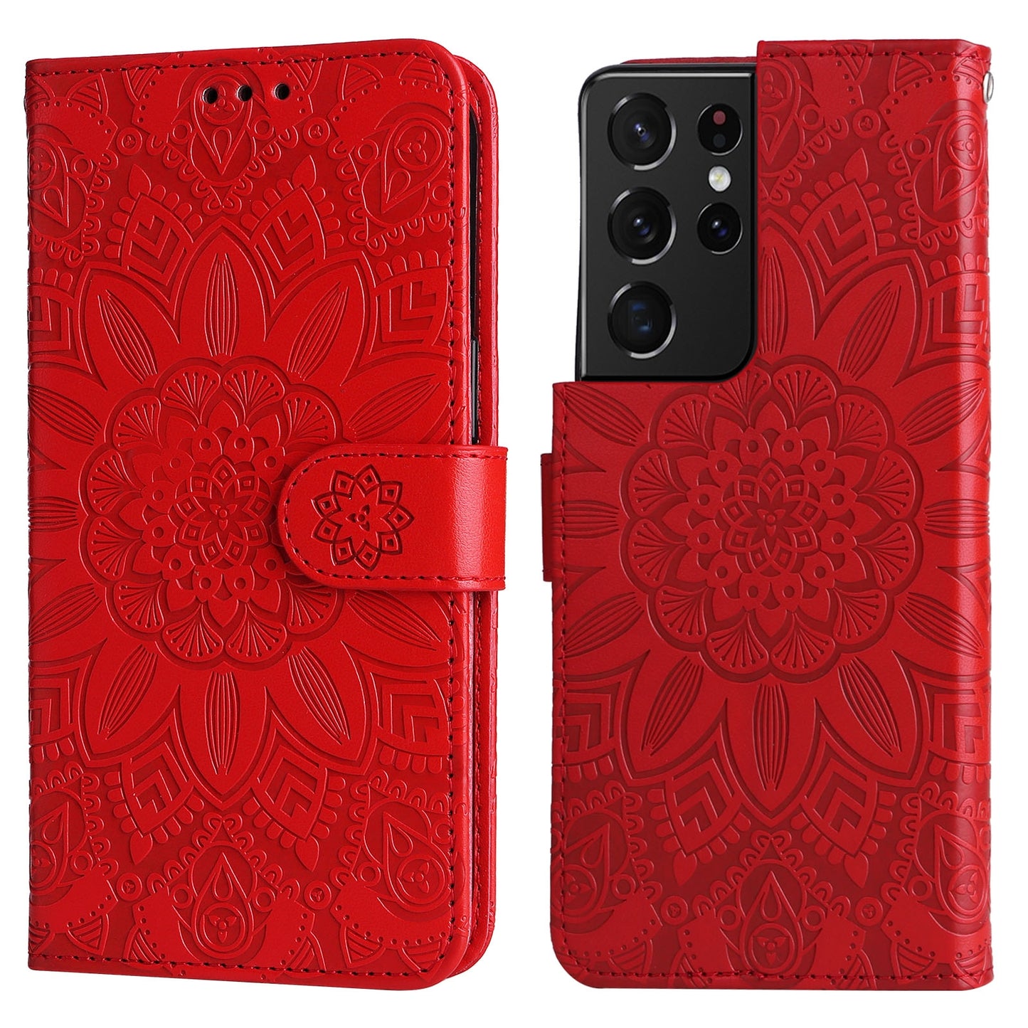 Samsung Galaxy S21 Ultra 5G Sunflower Embossed Leather Wallet Phone Case with Kickstand and Card Holder