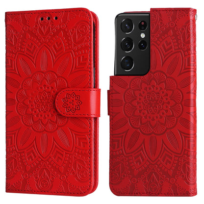 Samsung Galaxy S21 Ultra 5G Sunflower Embossed Leather Wallet Phone Case with Kickstand and Card Holder