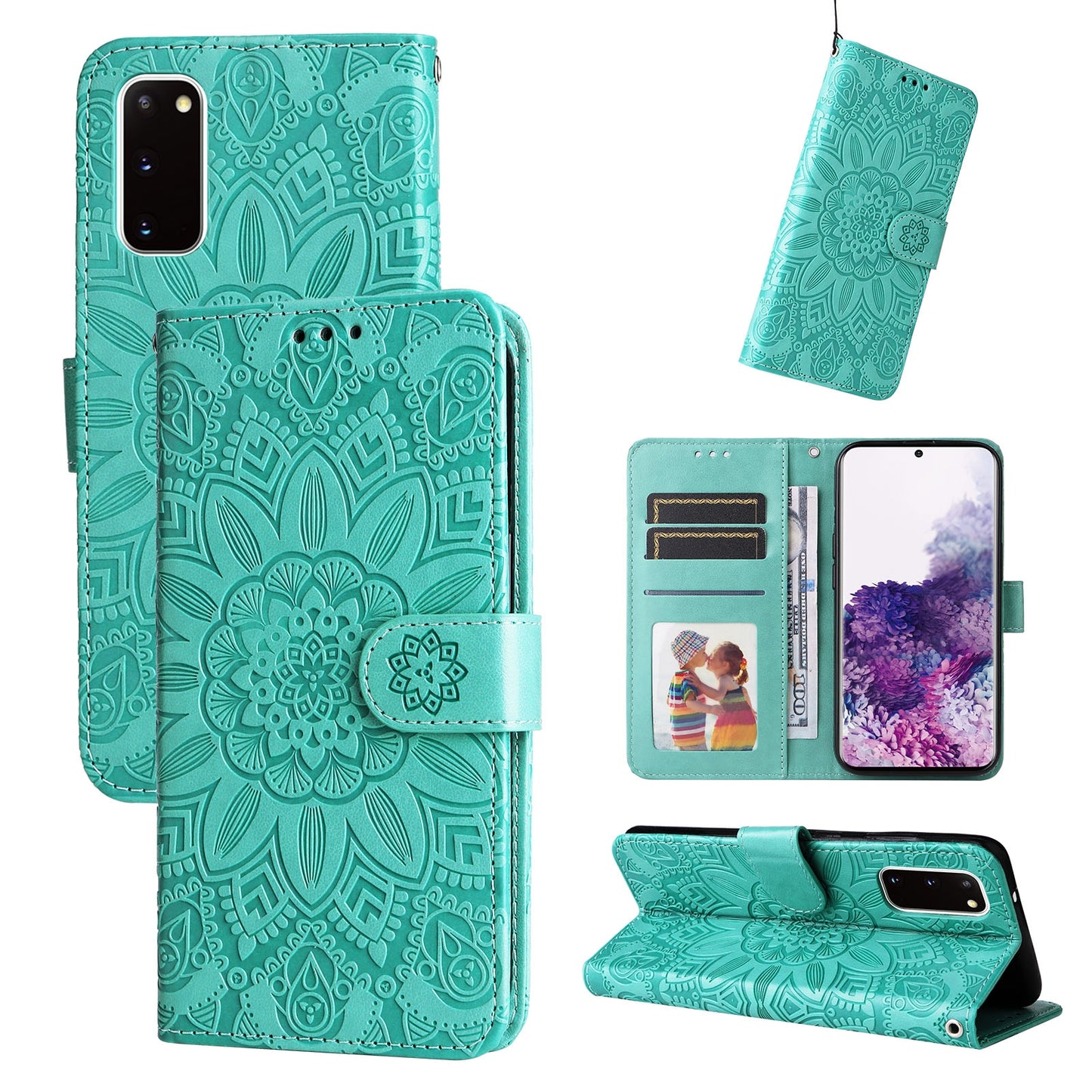 Samsung Galaxy S20 Sunflower Embossed Leather Wallet Phone Case with Kickstand and Card Holder