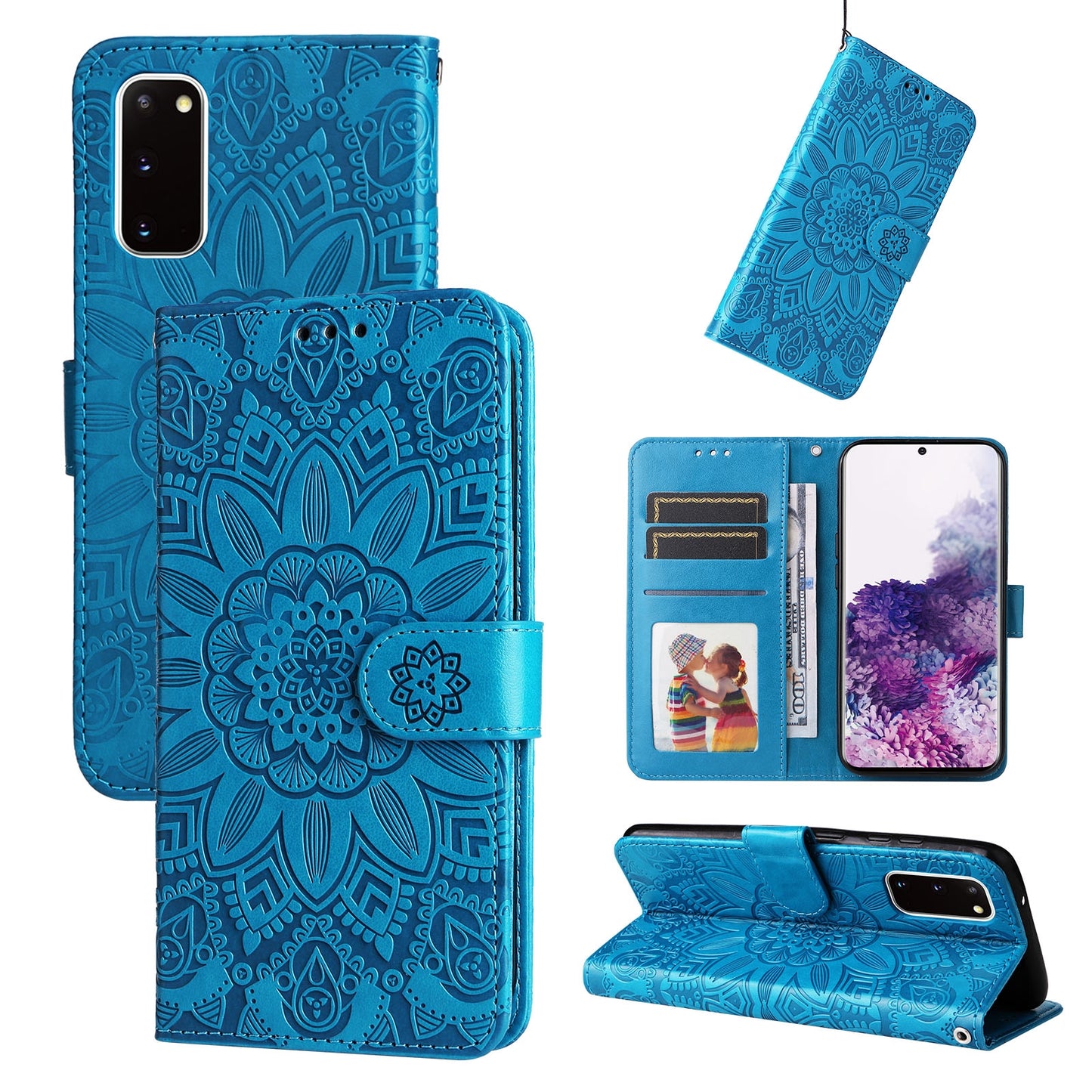 Samsung Galaxy S20 Sunflower Embossed Leather Wallet Phone Case with Kickstand and Card Holder