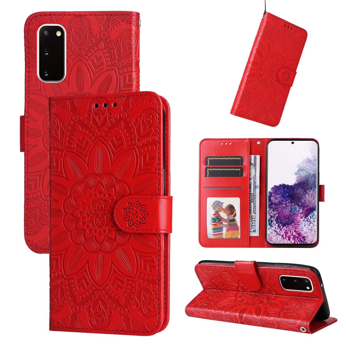 Samsung Galaxy S20 Sunflower Embossed Leather Wallet Phone Case with Kickstand and Card Holder