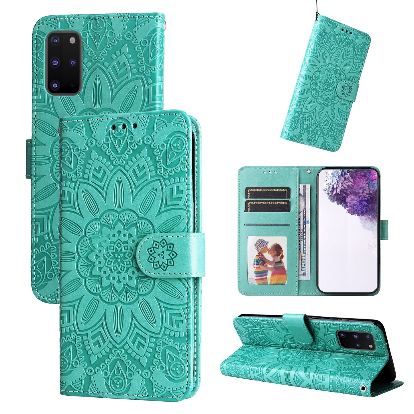 Samsung Galaxy S20+ Sunflower Embossed Leather Wallet Phone Case with Kickstand and Card Holder