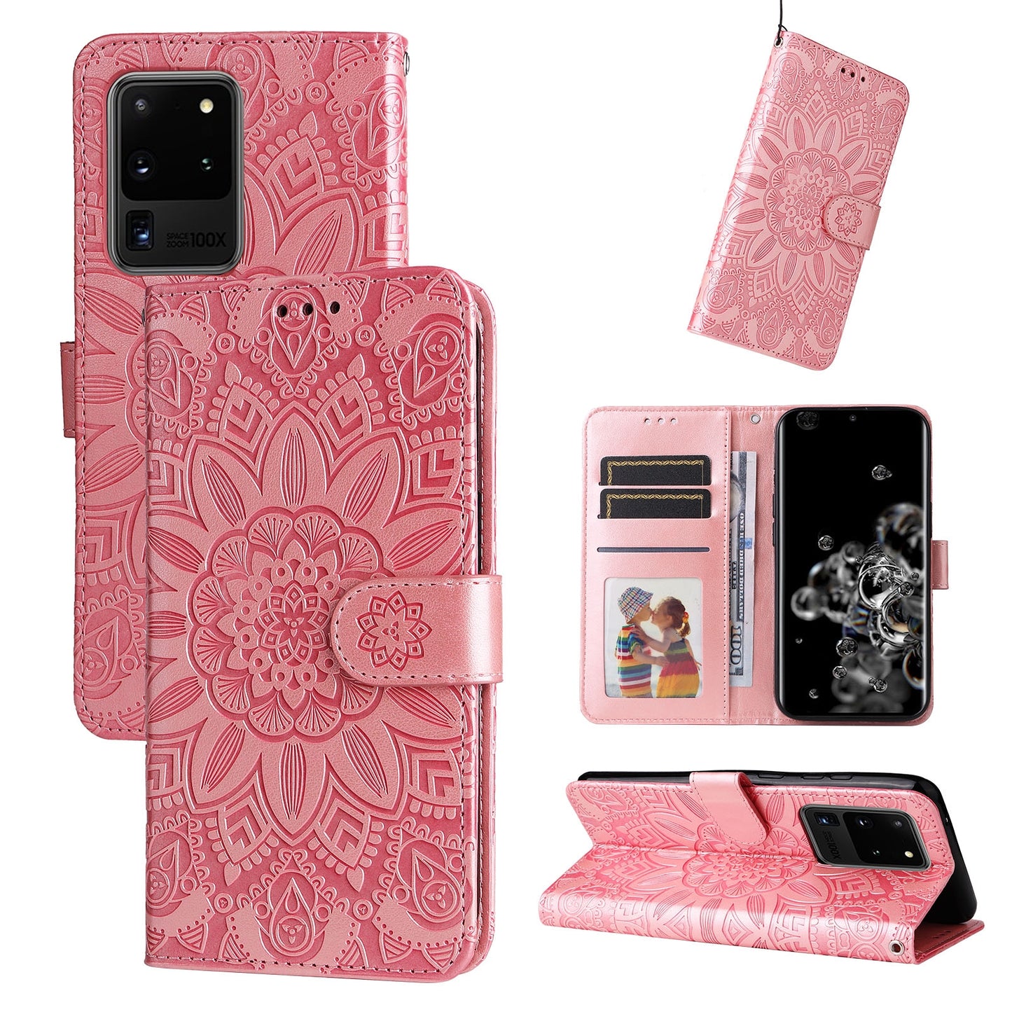 Samsung Galaxy S20 Ultra Sunflower Embossed Leather Wallet Phone Case with Kickstand and Card Holder