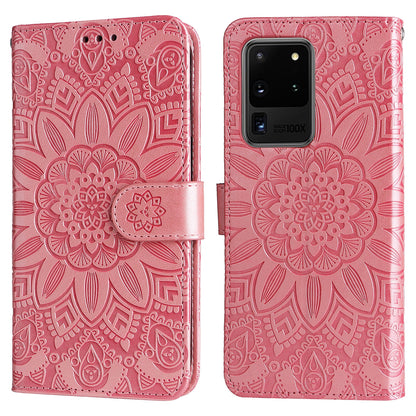 Samsung Galaxy S20 Ultra Sunflower Embossed Leather Wallet Phone Case with Kickstand and Card Holder