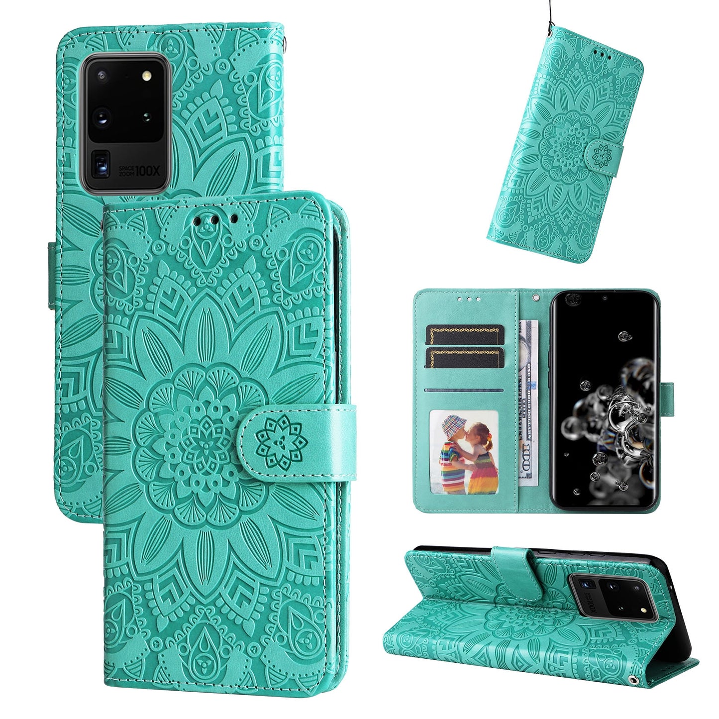 Samsung Galaxy S20 Ultra Sunflower Embossed Leather Wallet Phone Case with Kickstand and Card Holder