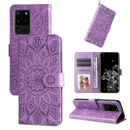 Samsung Galaxy S20 Ultra Sunflower Embossed Leather Wallet Phone Case with Kickstand and Card Holder