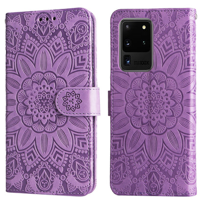 Samsung Galaxy S20 Ultra Sunflower Embossed Leather Wallet Phone Case with Kickstand and Card Holder