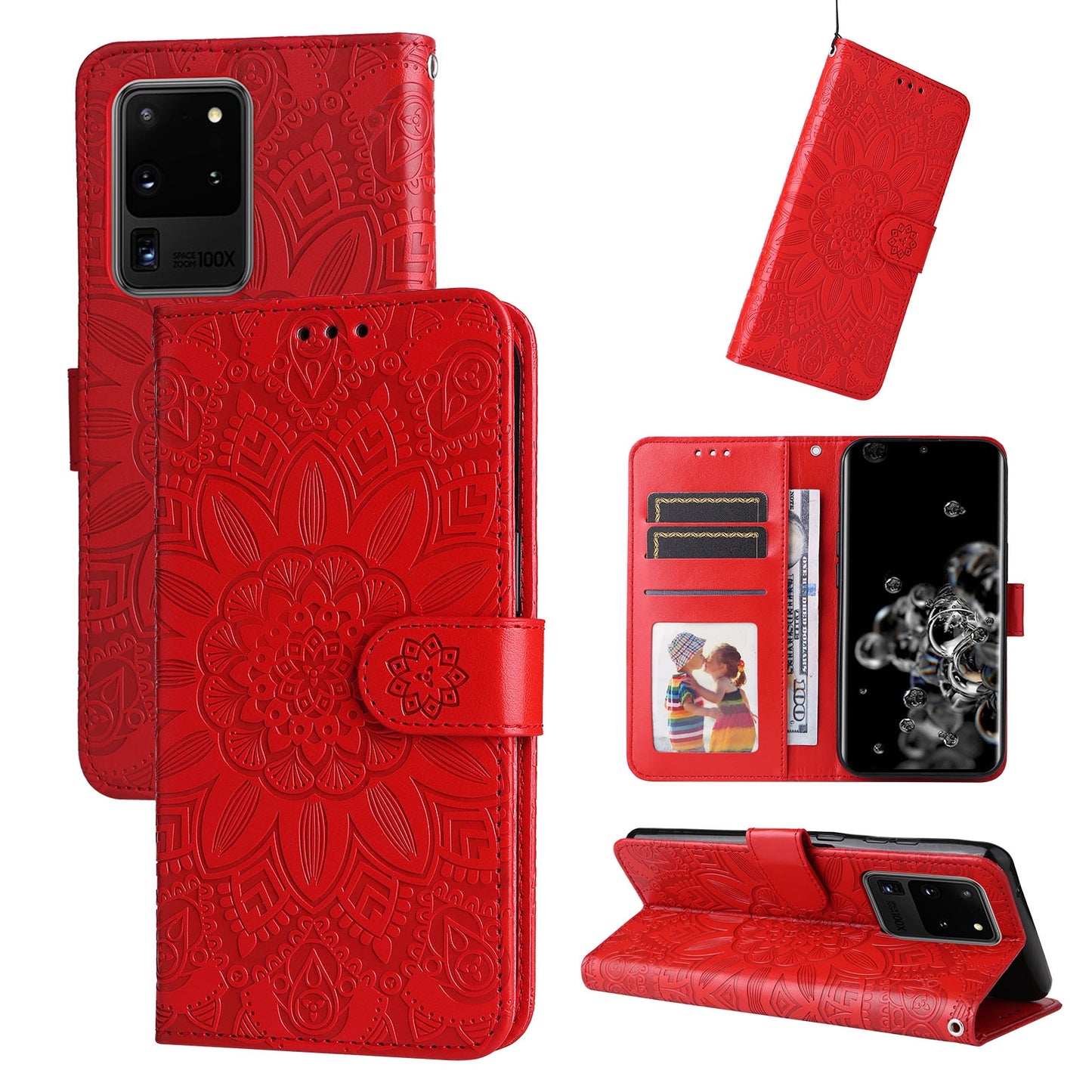 Samsung Galaxy S20 Ultra Sunflower Embossed Leather Wallet Phone Case with Kickstand and Card Holder