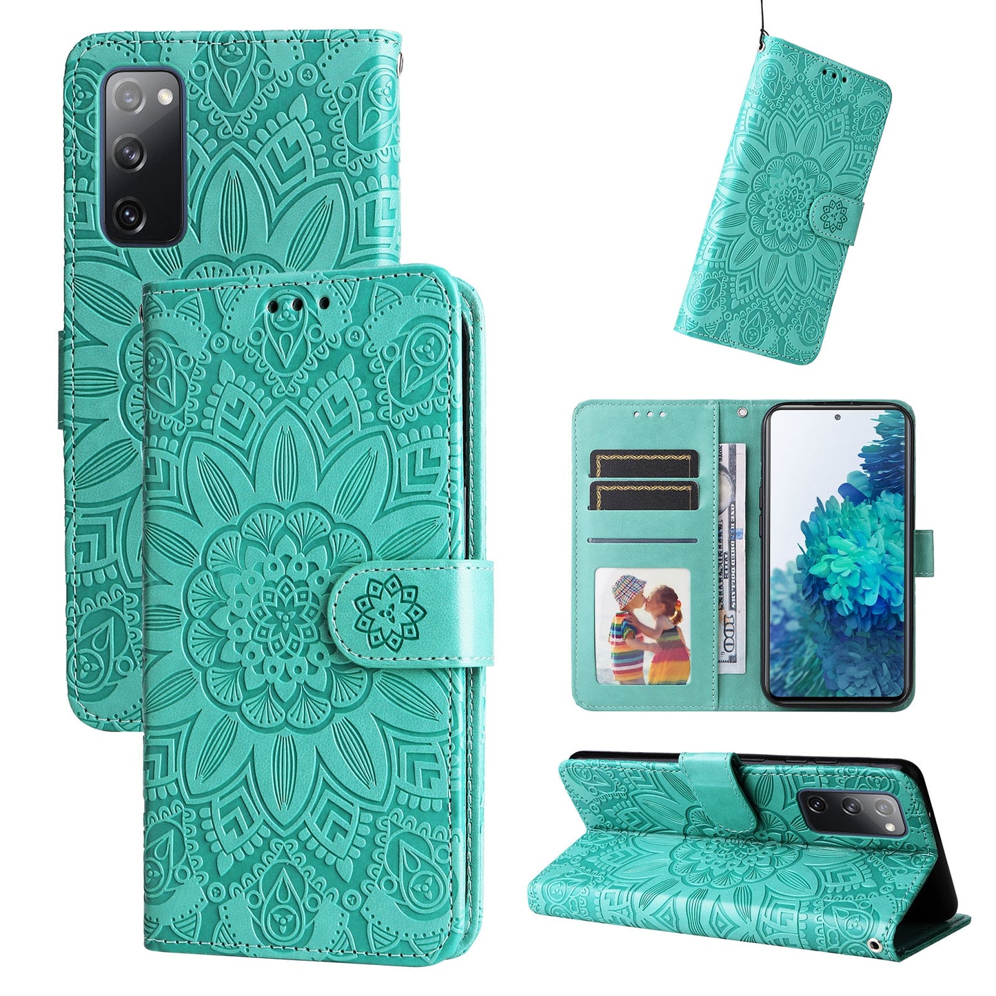 Samsung Galaxy S20 FE Sunflower Embossed Leather Wallet Phone Case with Kickstand and Card Holder