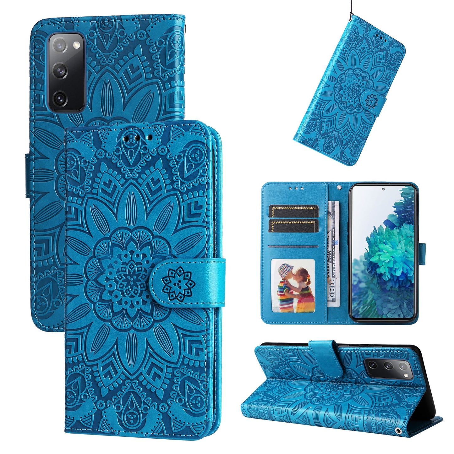 Samsung Galaxy S20 FE Sunflower Embossed Leather Wallet Phone Case with Kickstand and Card Holder