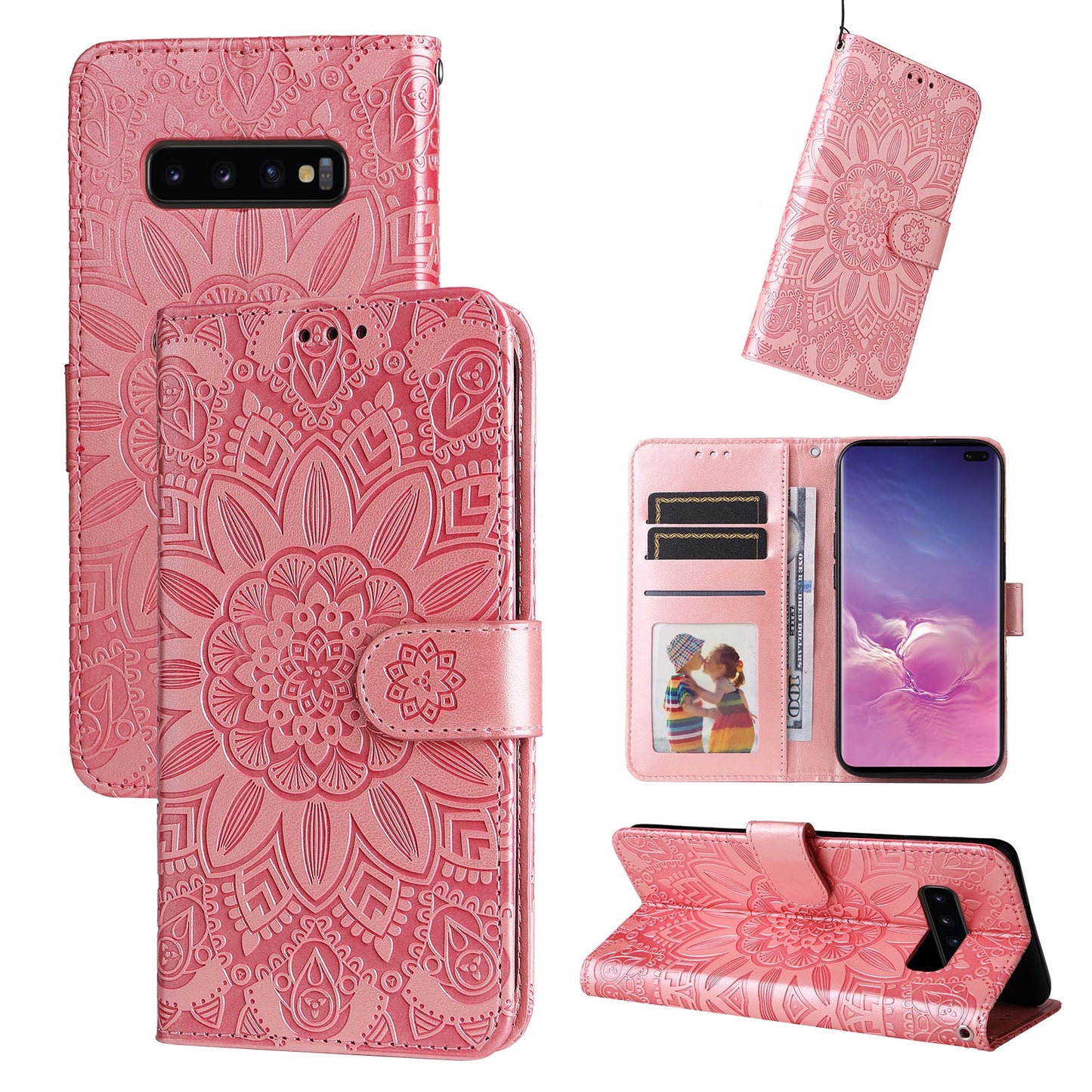 Samsung Galaxy S10 Sunflower Embossed Leather Wallet Phone Case with Kickstand and Card Holder