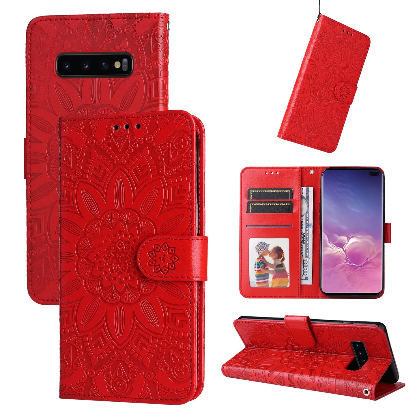 Samsung Galaxy S10 Sunflower Embossed Leather Wallet Phone Case with Kickstand and Card Holder