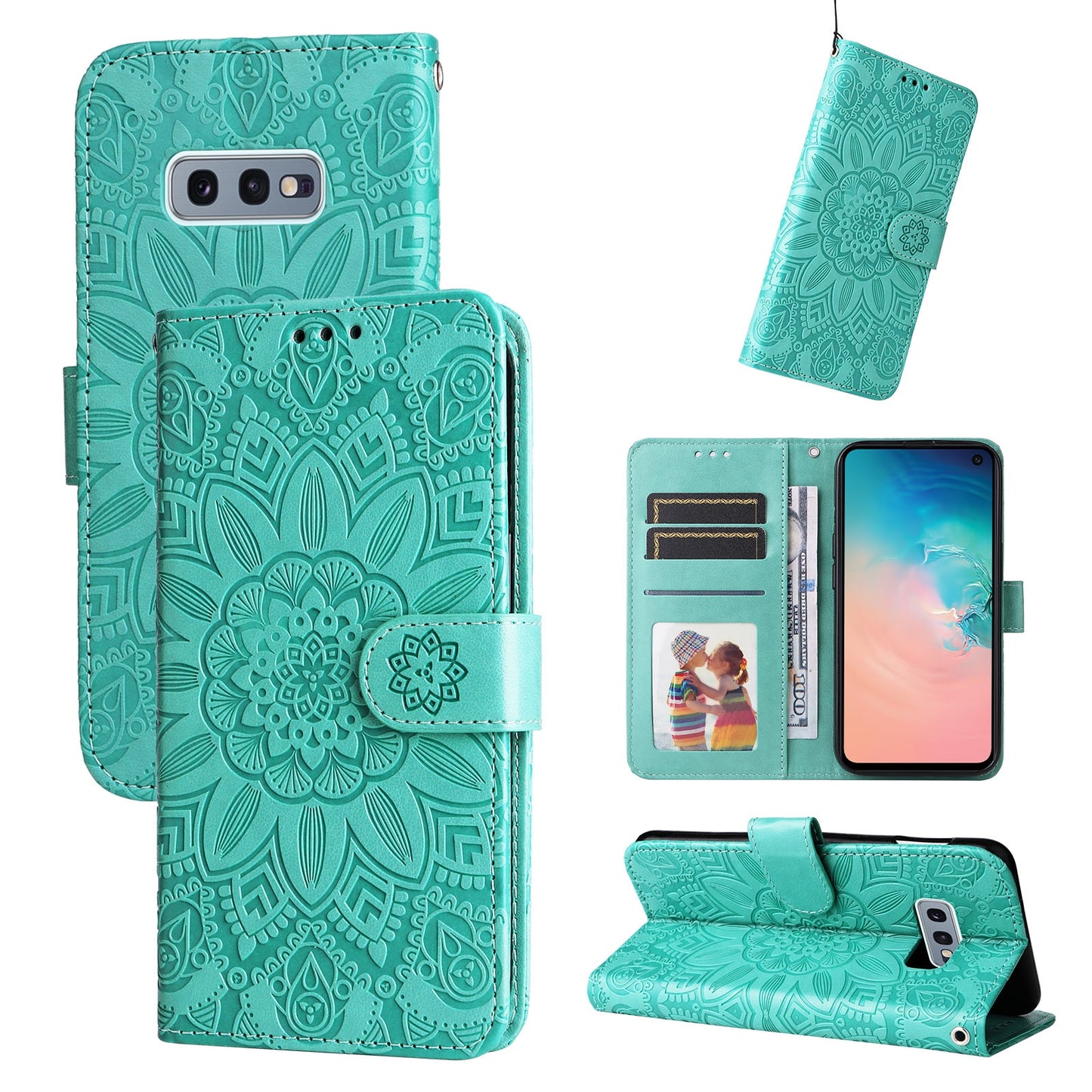 Samsung Galaxy S10e Sunflower Embossed Leather Wallet Phone Case with Kickstand and Card Holder