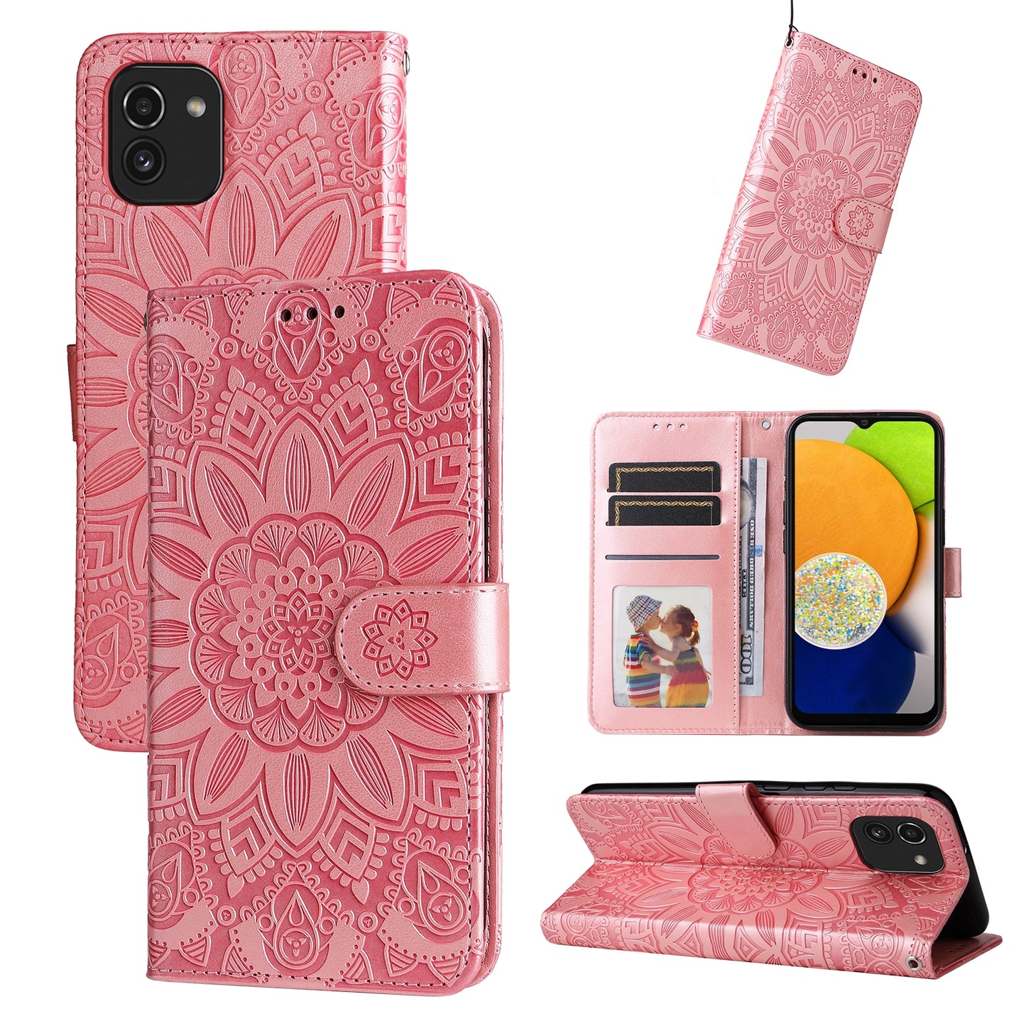 Samsung Galaxy A03 EU 166mm Sunflower Embossed Leather Wallet Phone Case with Kickstand and Card Holder