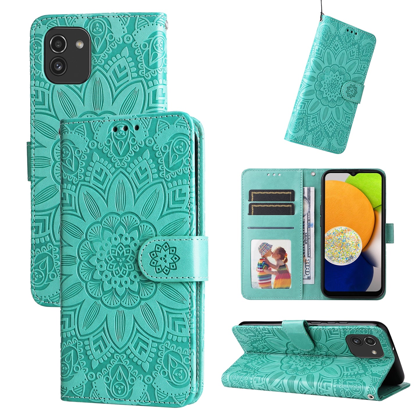 Samsung Galaxy A03 EU 166mm Sunflower Embossed Leather Wallet Phone Case with Kickstand and Card Holder