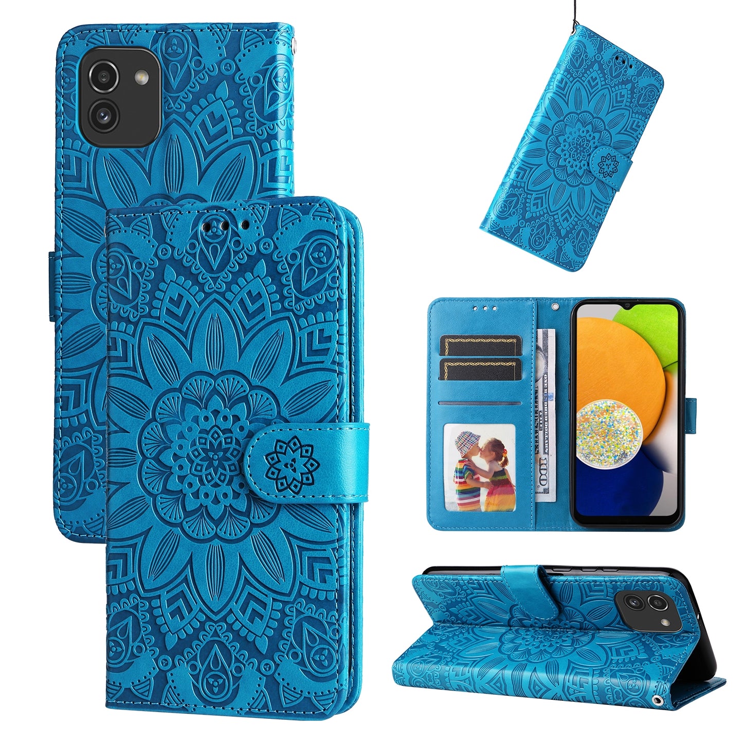 Samsung Galaxy A03 EU 166mm Sunflower Embossed Leather Wallet Phone Case with Kickstand and Card Holder