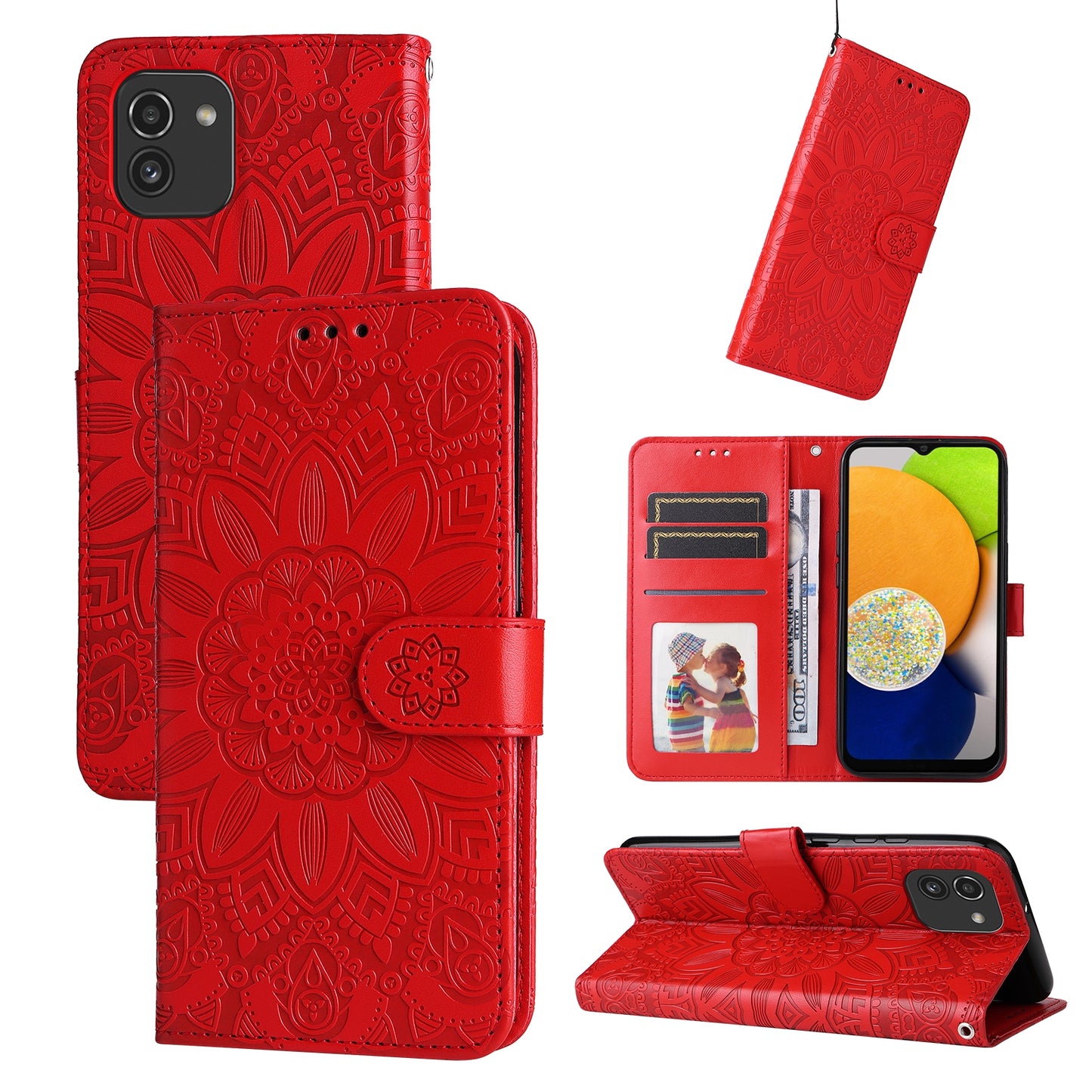 Samsung Galaxy A03 EU 166mm Sunflower Embossed Leather Wallet Phone Case with Kickstand and Card Holder