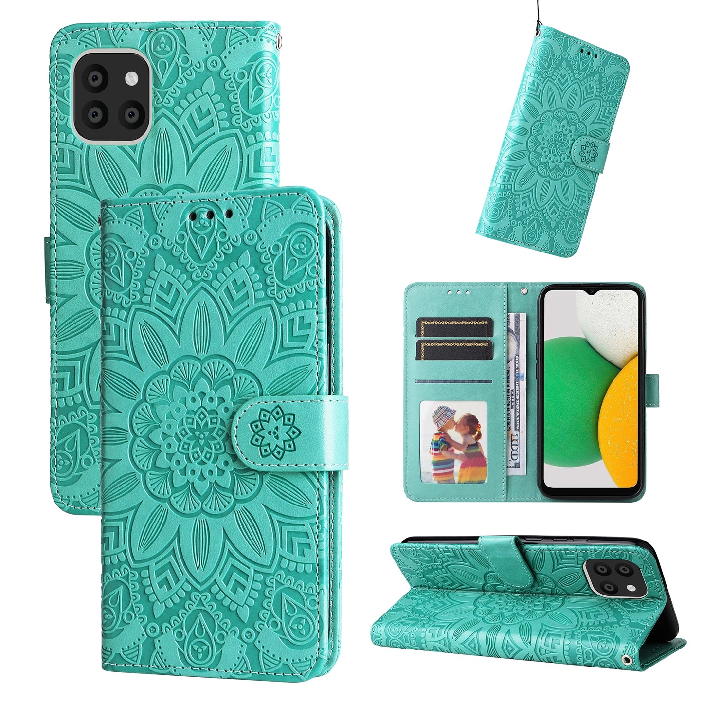 Samsung Galaxy A03 Global 164mm Sunflower Embossed Leather Wallet Phone Case with Kickstand and Card Holder