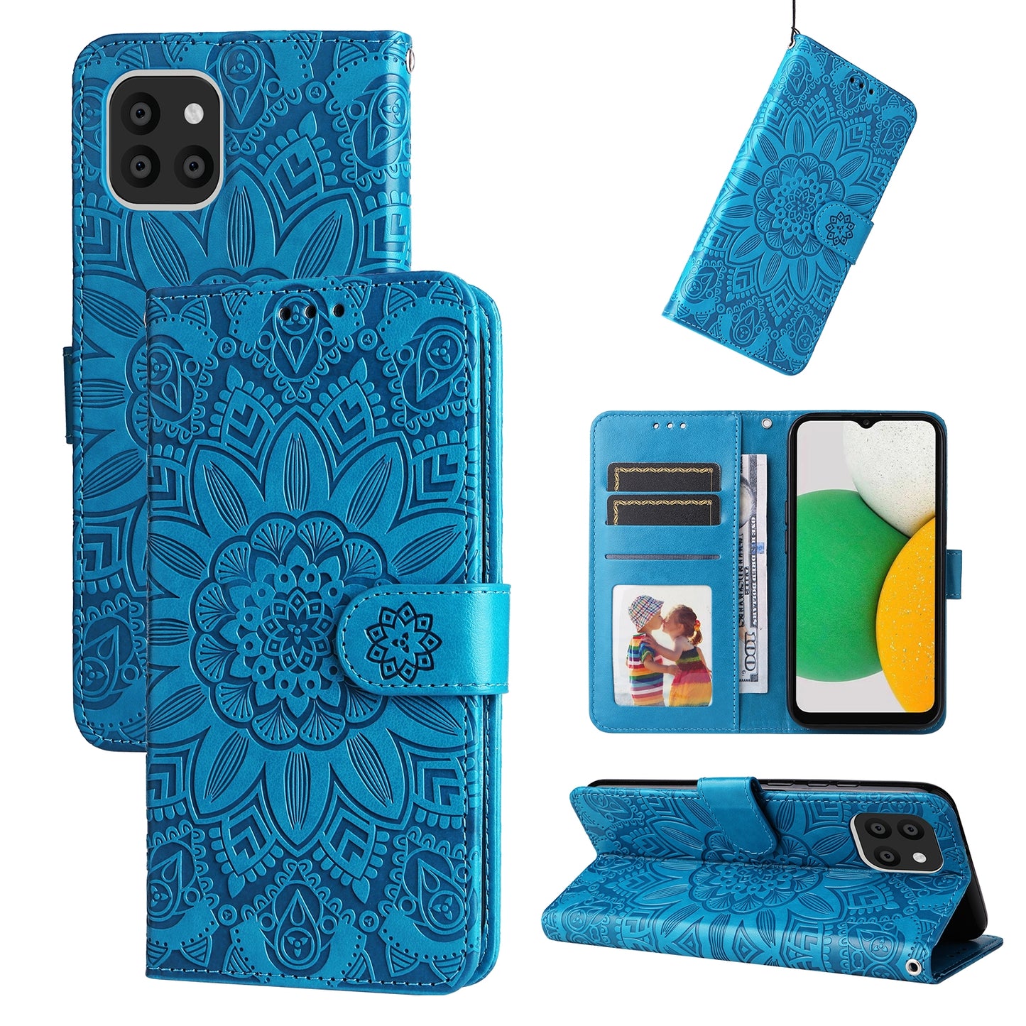 Samsung Galaxy A03 Global 164mm Sunflower Embossed Leather Wallet Phone Case with Kickstand and Card Holder