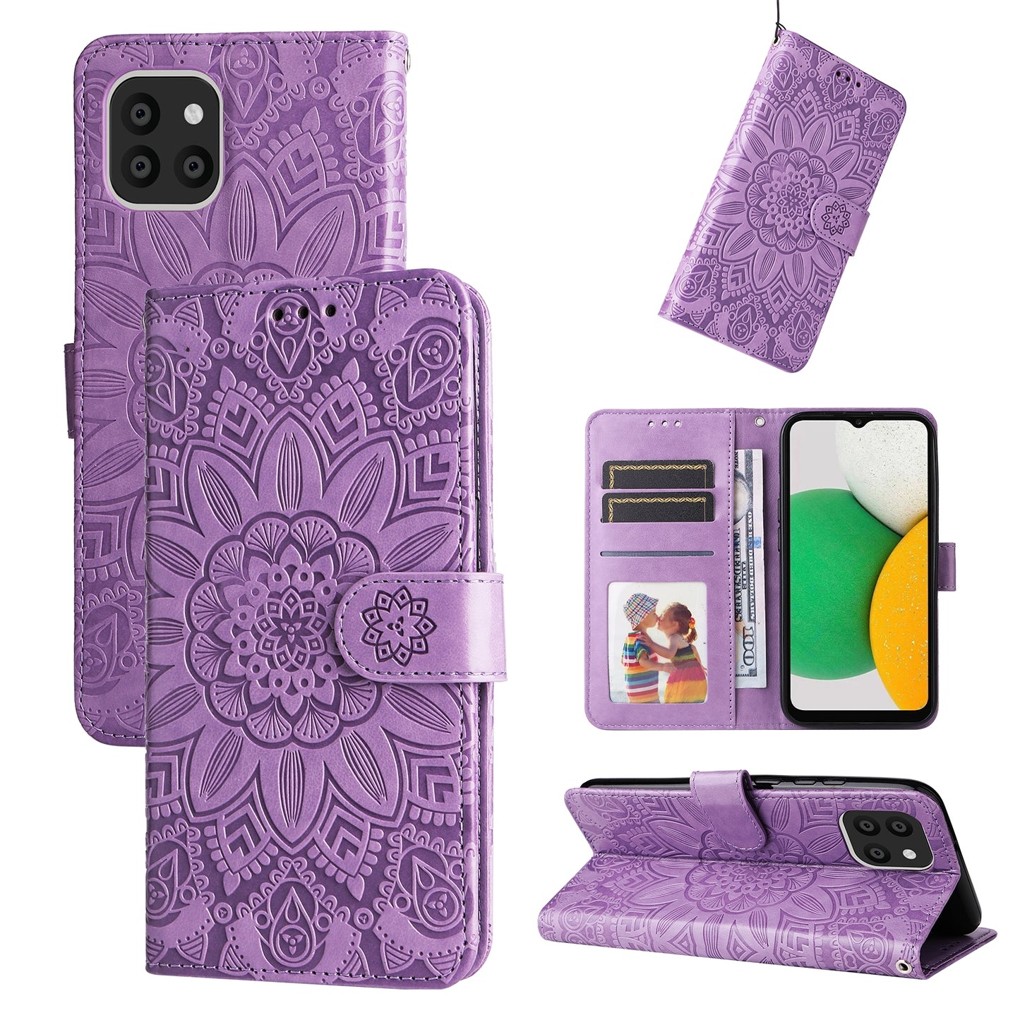Samsung Galaxy A03 Global 164mm Sunflower Embossed Leather Wallet Phone Case with Kickstand and Card Holder