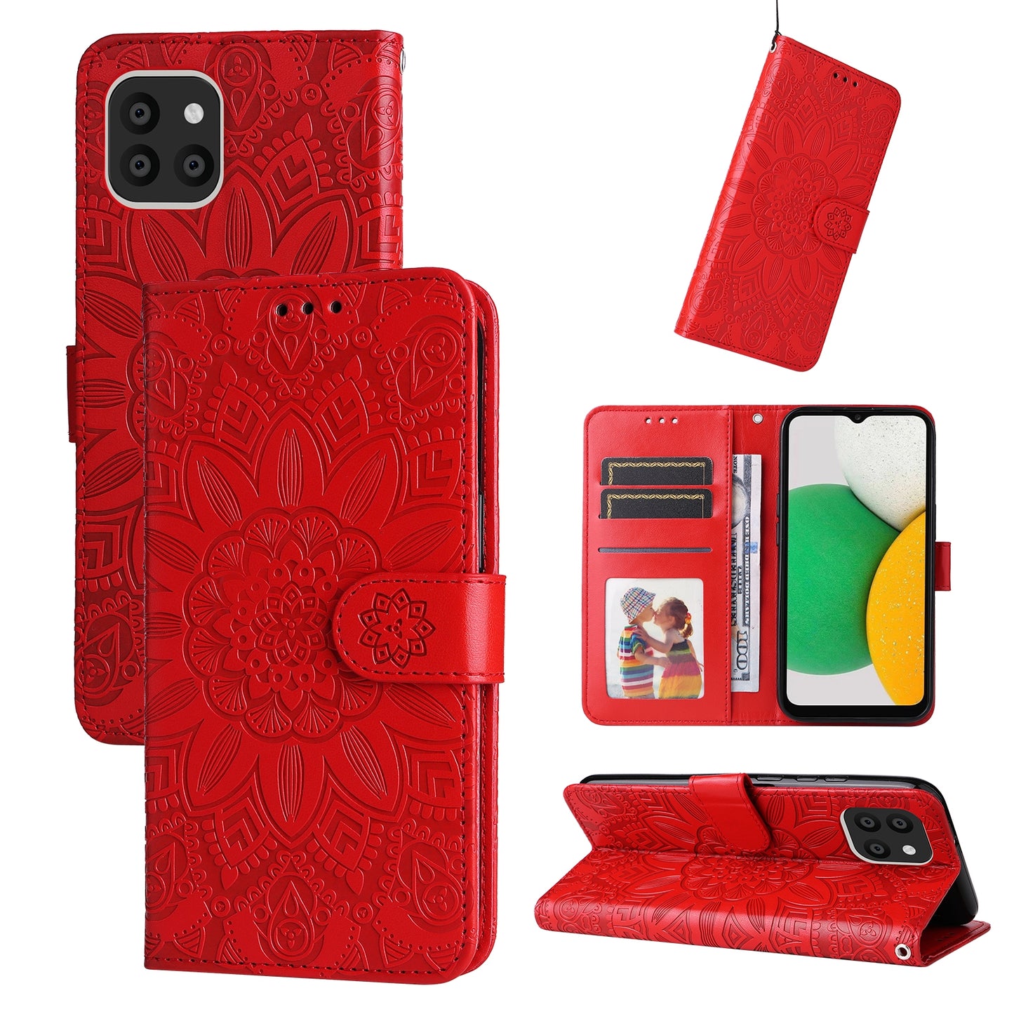 Samsung Galaxy A03 Global 164mm Sunflower Embossed Leather Wallet Phone Case with Kickstand and Card Holder
