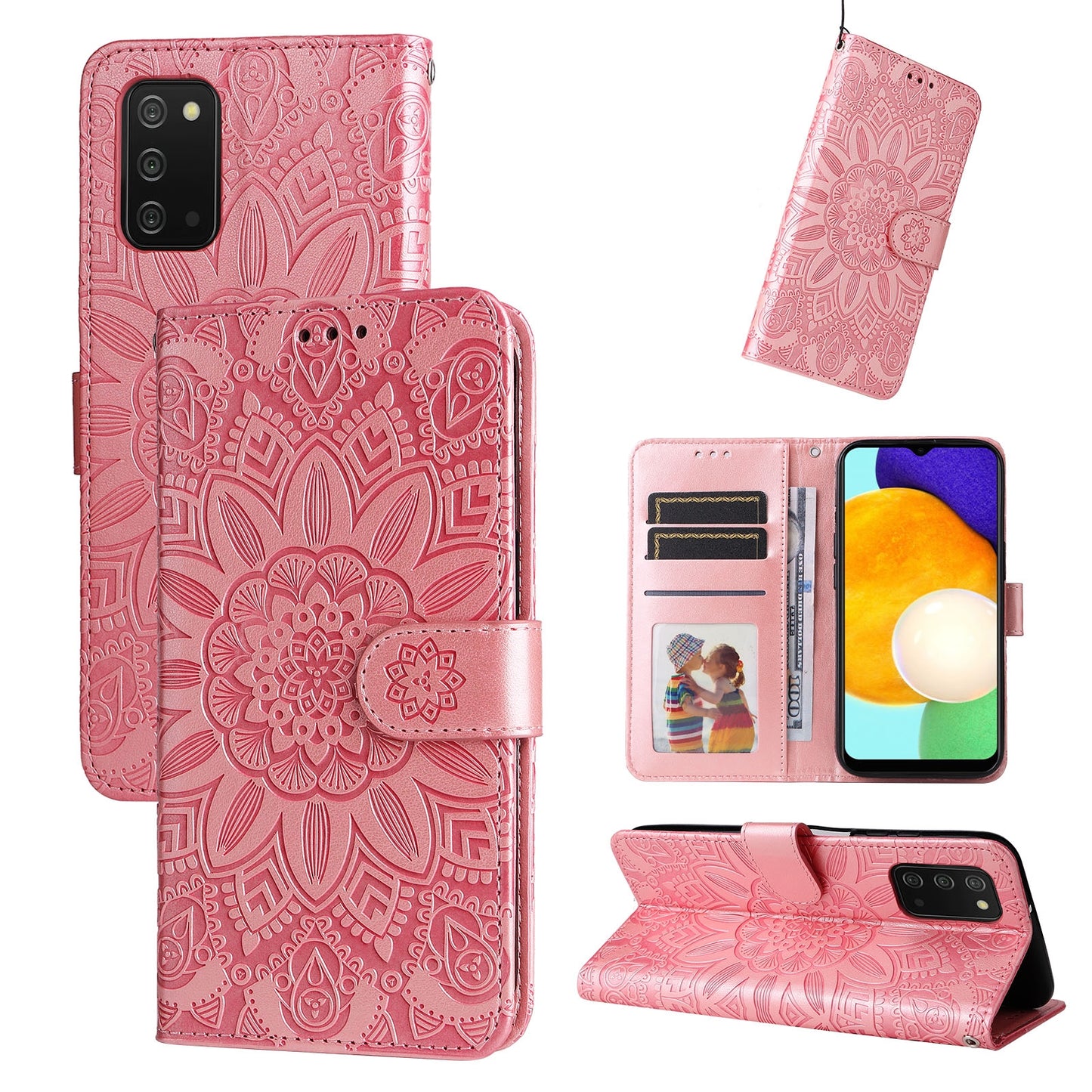 Samsung Galaxy A03s EU 166mm Sunflower Embossed Leather Wallet Phone Case with Kickstand and Card Holder