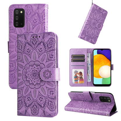 Samsung Galaxy A02s US 166mm Sunflower Embossed Leather Wallet Phone Case with Kickstand and Card Holder