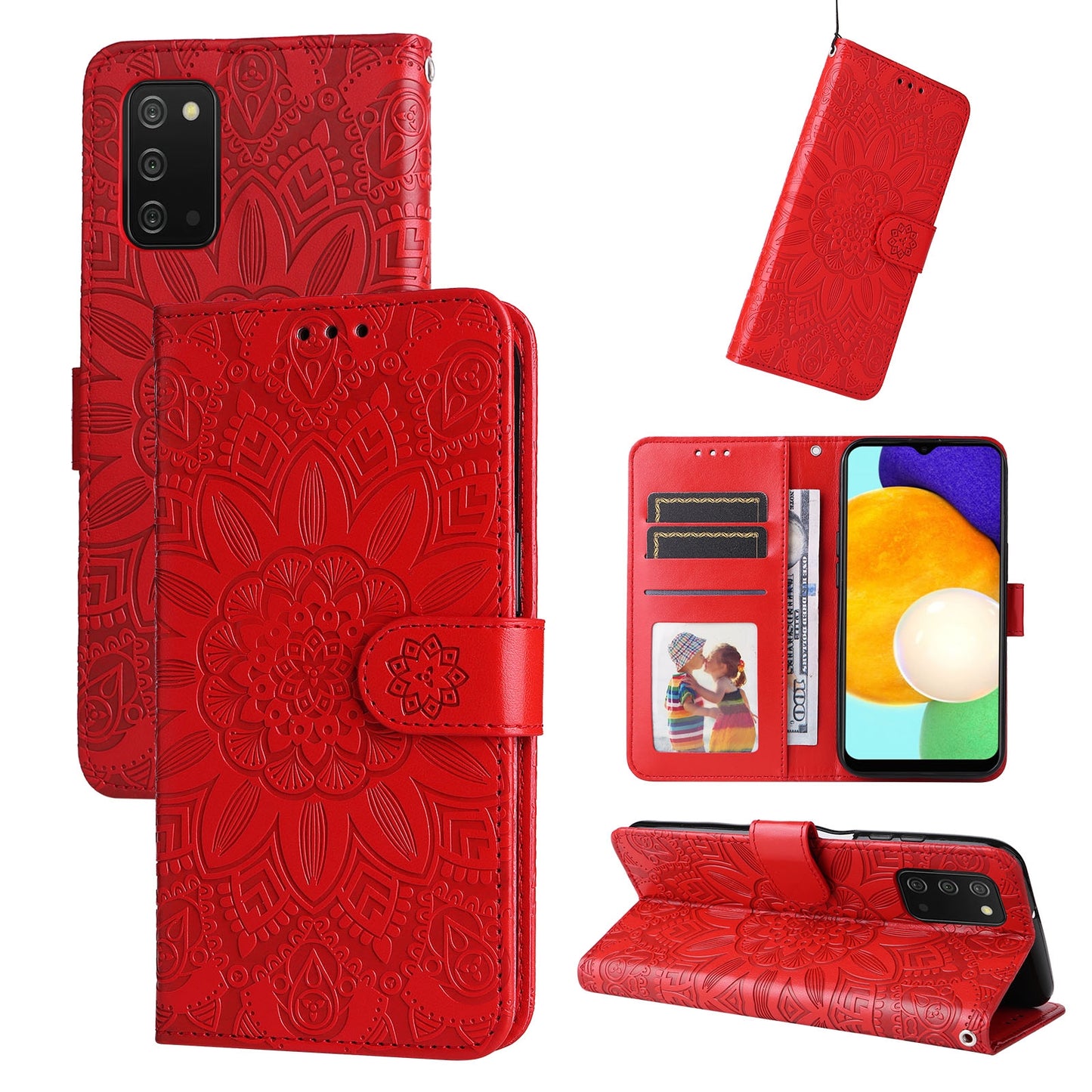 Samsung Galaxy A02s US 166mm Sunflower Embossed Leather Wallet Phone Case with Kickstand and Card Holder