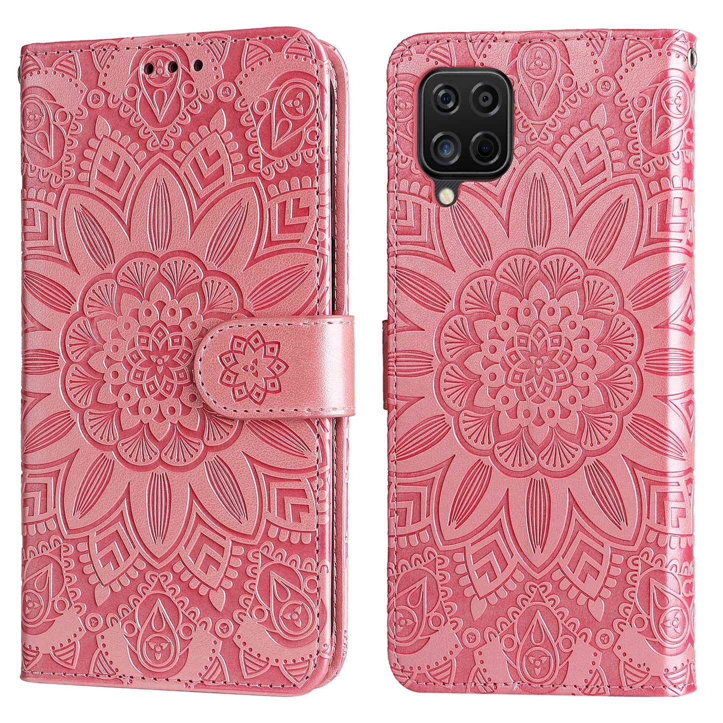 Samsung Galaxy A12 5G Sunflower Embossed Leather Wallet Phone Case with Kickstand and Card Holder