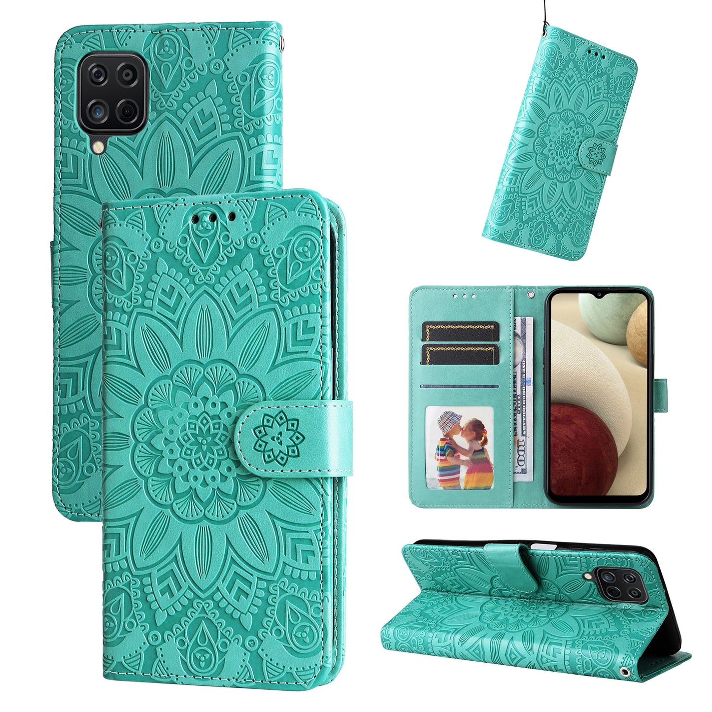 Samsung Galaxy A12 4G Sunflower Embossed Leather Wallet Phone Case with Kickstand and Card Holder