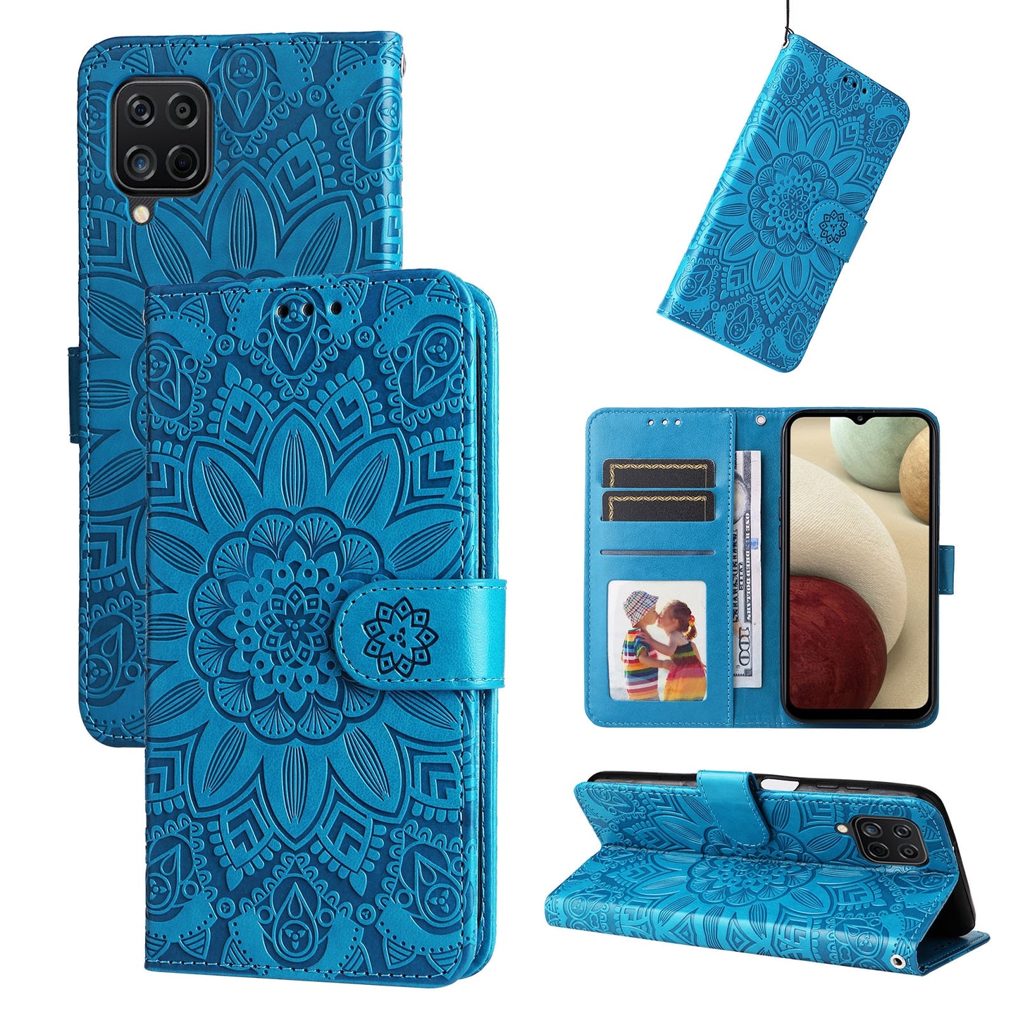 Samsung Galaxy A12 4G Sunflower Embossed Leather Wallet Phone Case with Kickstand and Card Holder