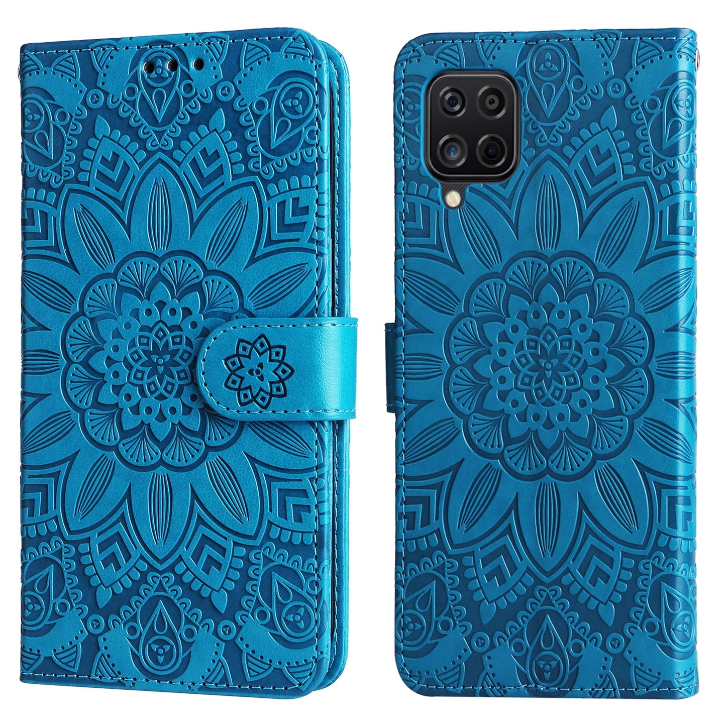 Samsung Galaxy A12 4G Sunflower Embossed Leather Wallet Phone Case with Kickstand and Card Holder
