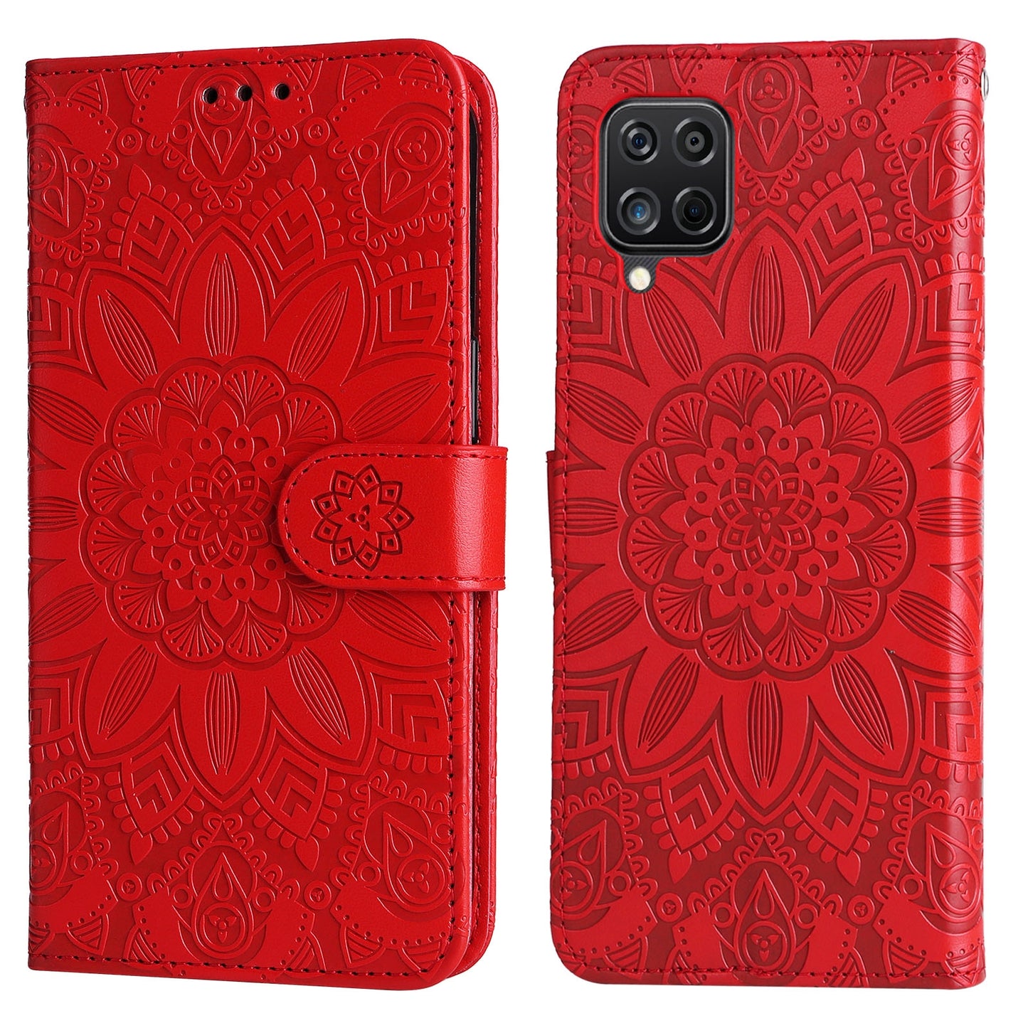 Samsung Galaxy A12 5G Sunflower Embossed Leather Wallet Phone Case with Kickstand and Card Holder
