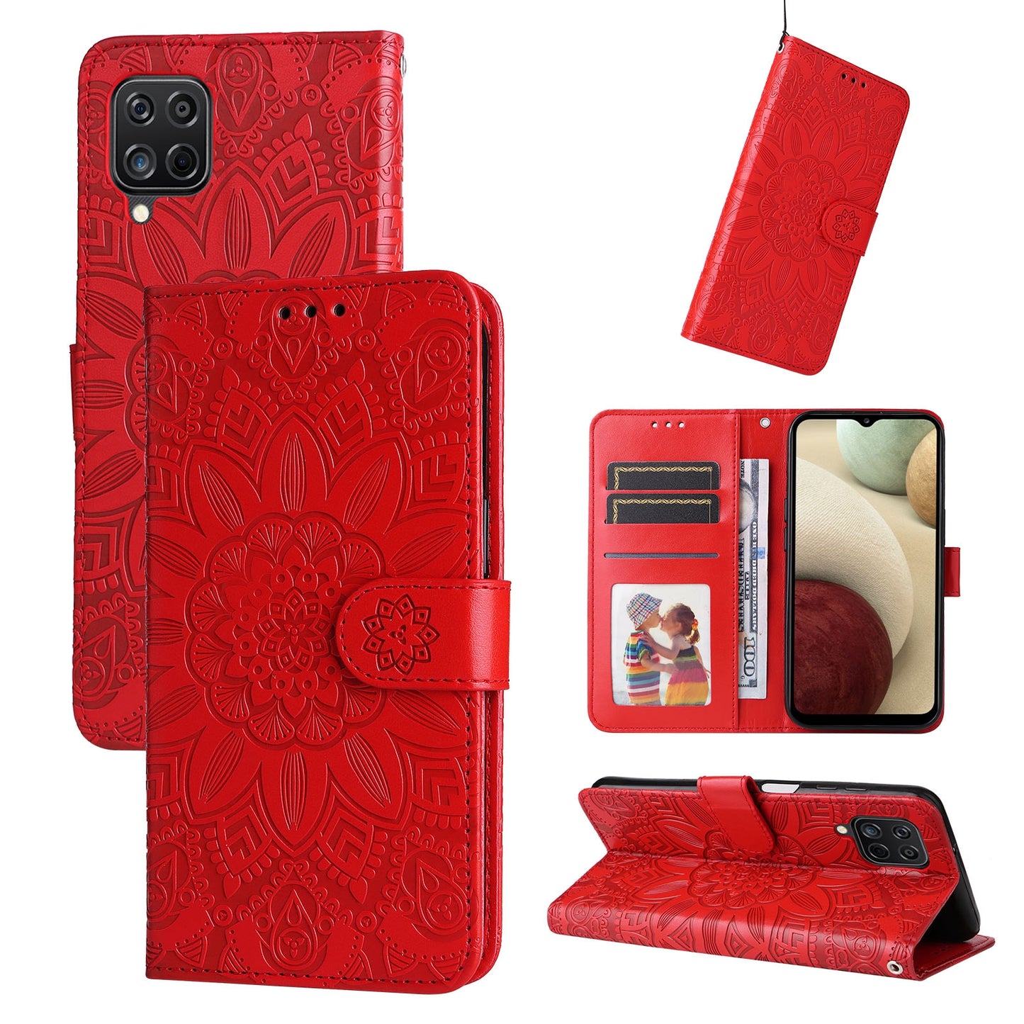 Samsung Galaxy A12 5G Sunflower Embossed Leather Wallet Phone Case with Kickstand and Card Holder