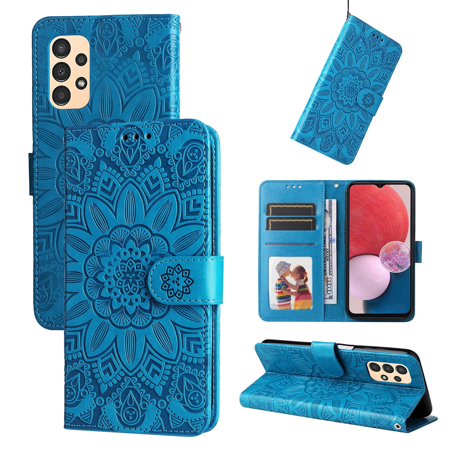Samsung Galaxy A13 4G Sunflower Embossed Leather Wallet Phone Case with Kickstand and Card Holder
