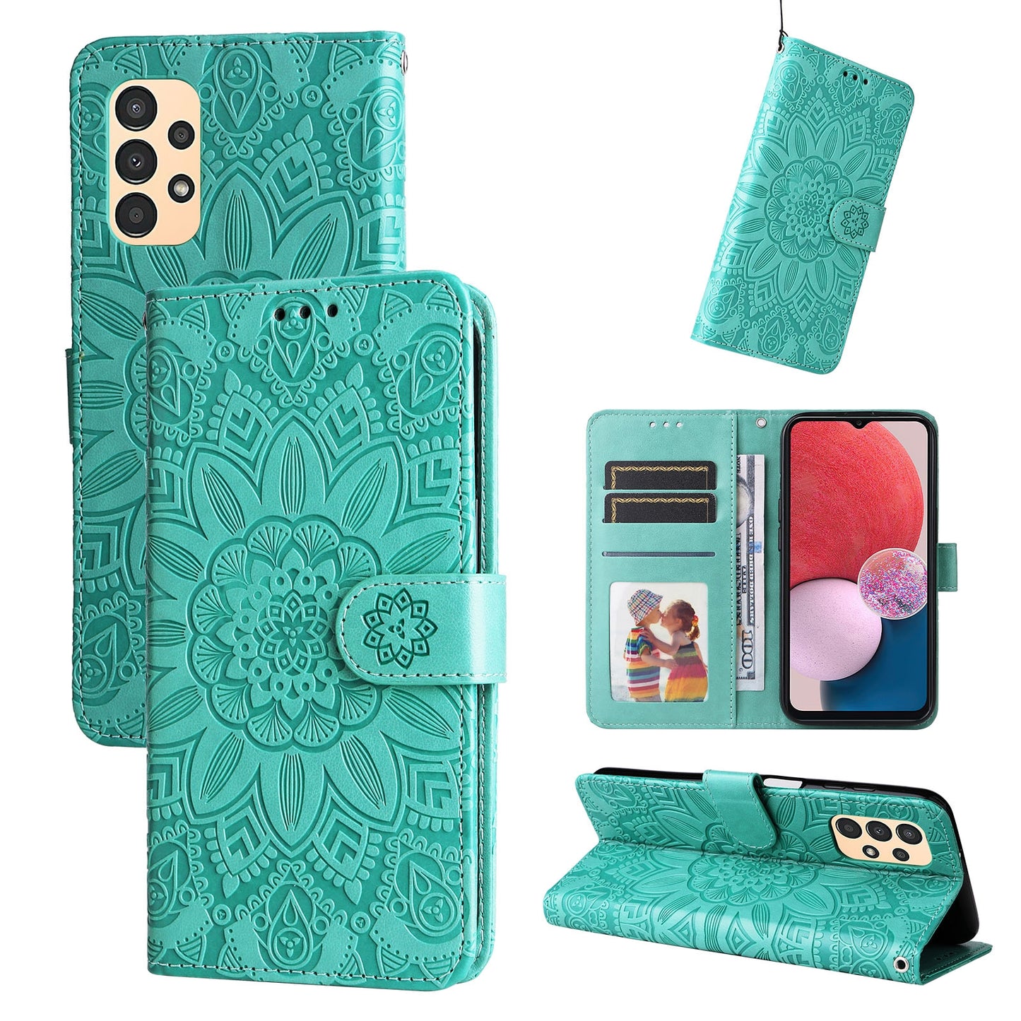 Samsung Galaxy A13 5G Sunflower Embossed Leather Wallet Phone Case with Kickstand and Card Holder