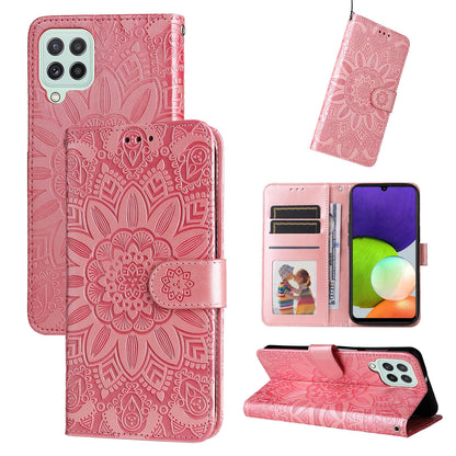 Samsung Galaxy M22 Sunflower Embossed Leather Wallet Phone Case with Kickstand and Card Holder