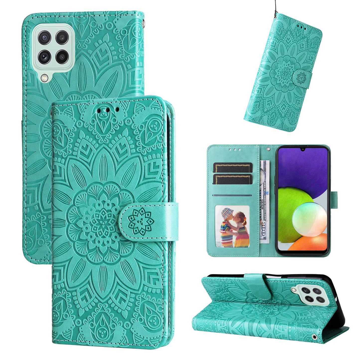 Samsung Galaxy A22 4G Sunflower Embossed Leather Wallet Phone Case with Kickstand and Card Holder