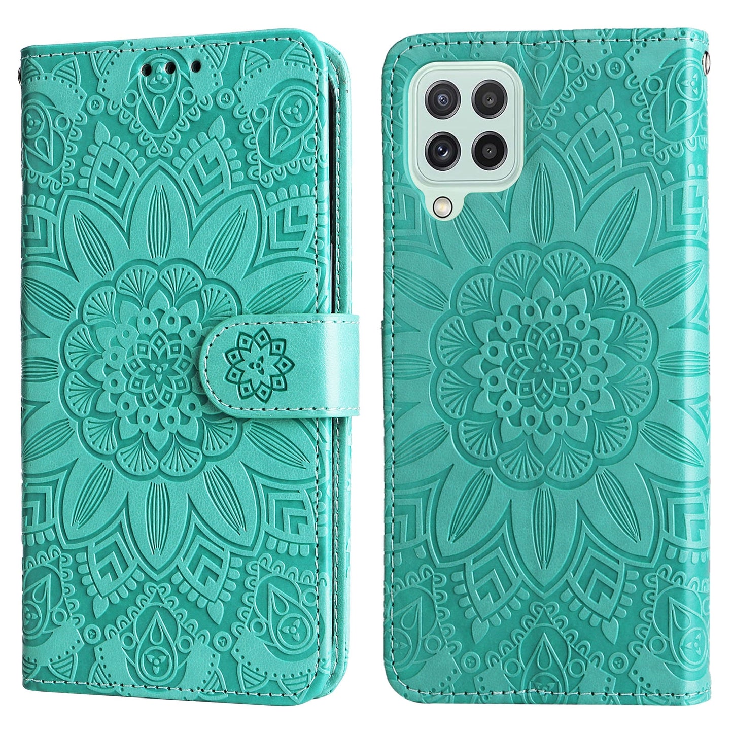 Samsung Galaxy A22 4G Sunflower Embossed Leather Wallet Phone Case with Kickstand and Card Holder