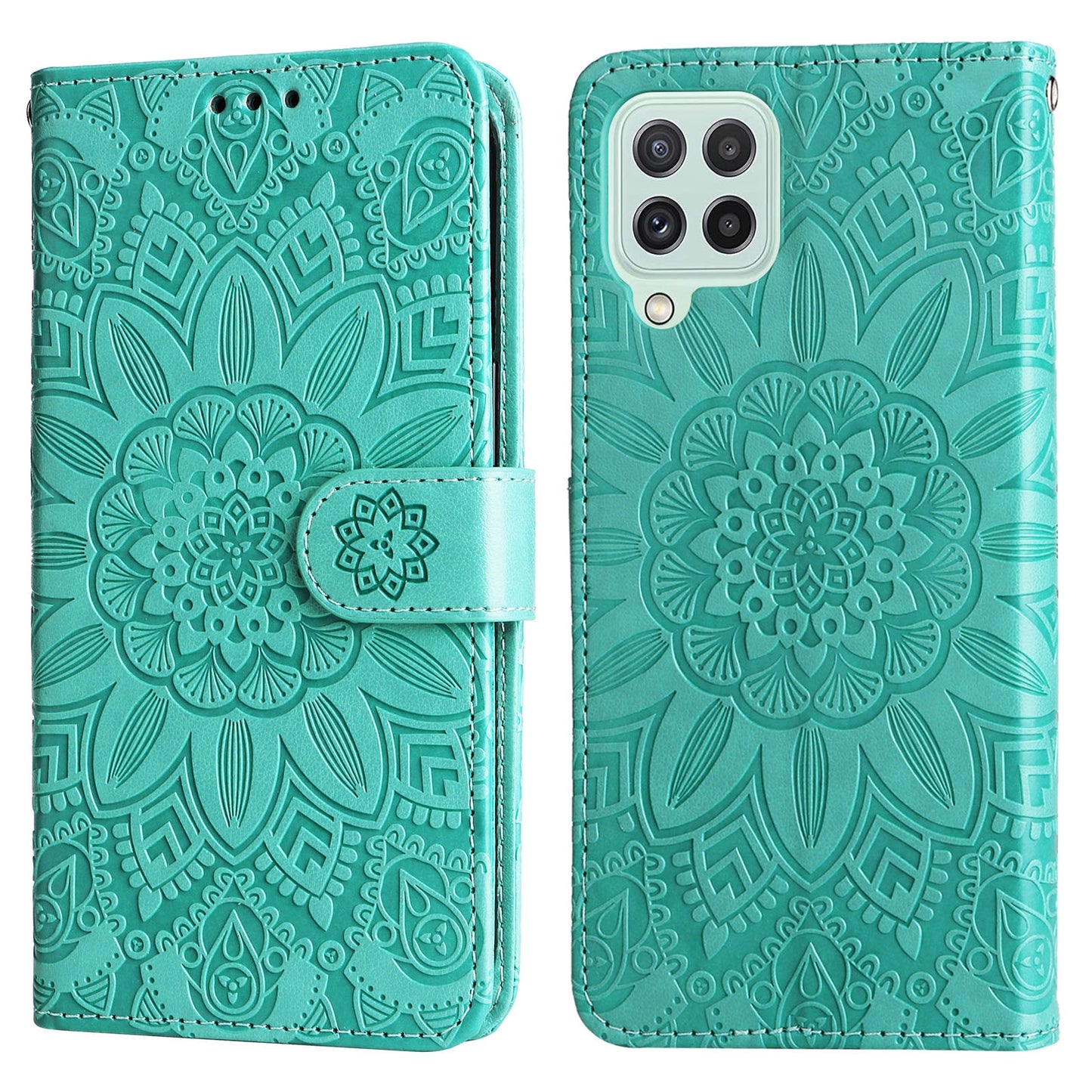 Samsung Galaxy M32 4G Global Sunflower Embossed Leather Wallet Phone Case with Kickstand and Card Holder