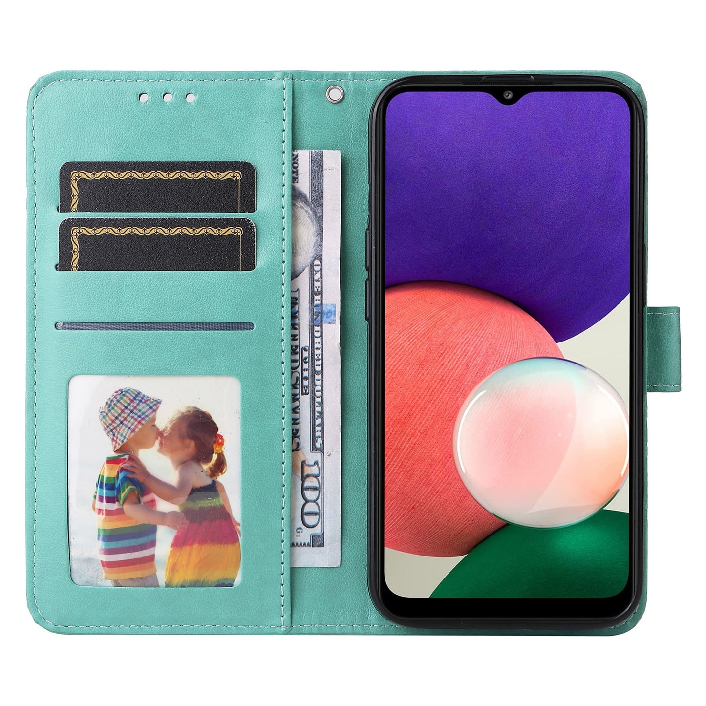 Samsung Galaxy A22 4G Sunflower Embossed Leather Wallet Phone Case with Kickstand and Card Holder