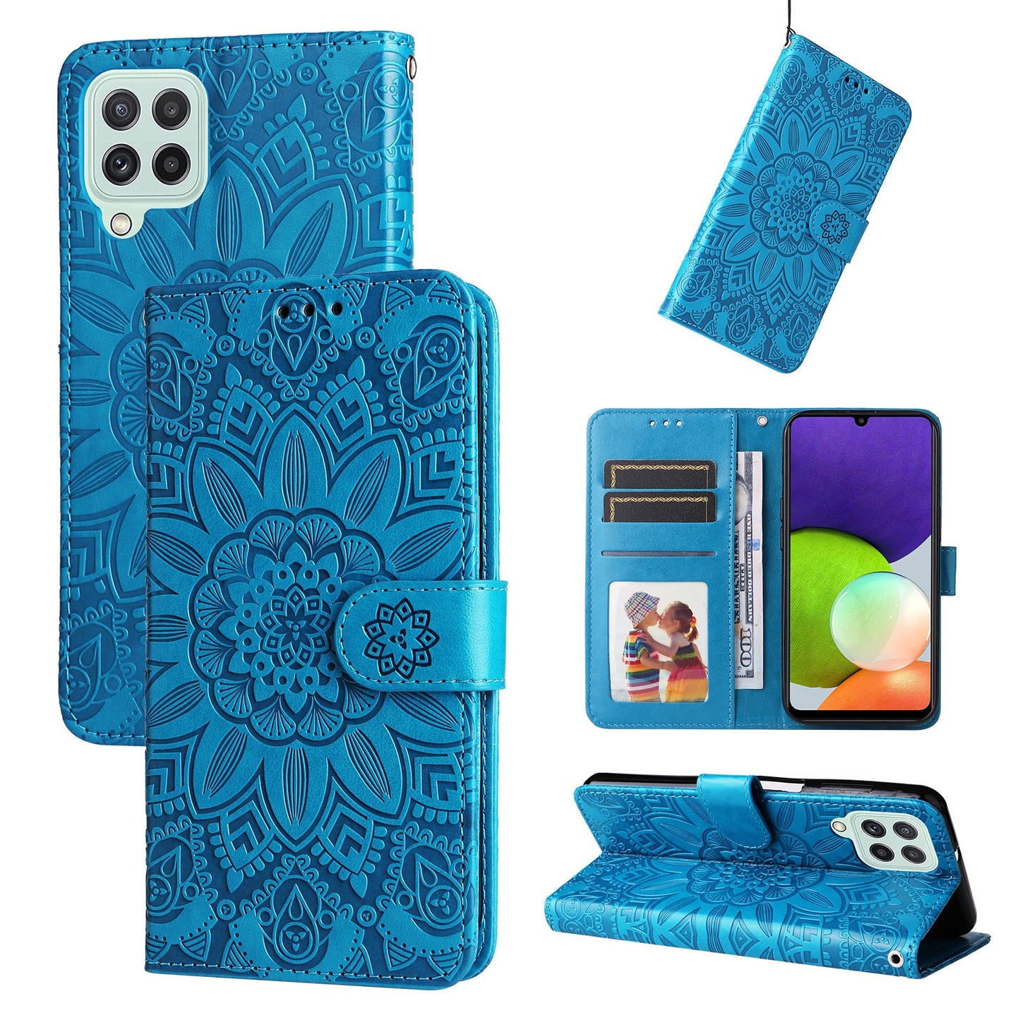 Samsung Galaxy A22 4G Sunflower Embossed Leather Wallet Phone Case with Kickstand and Card Holder