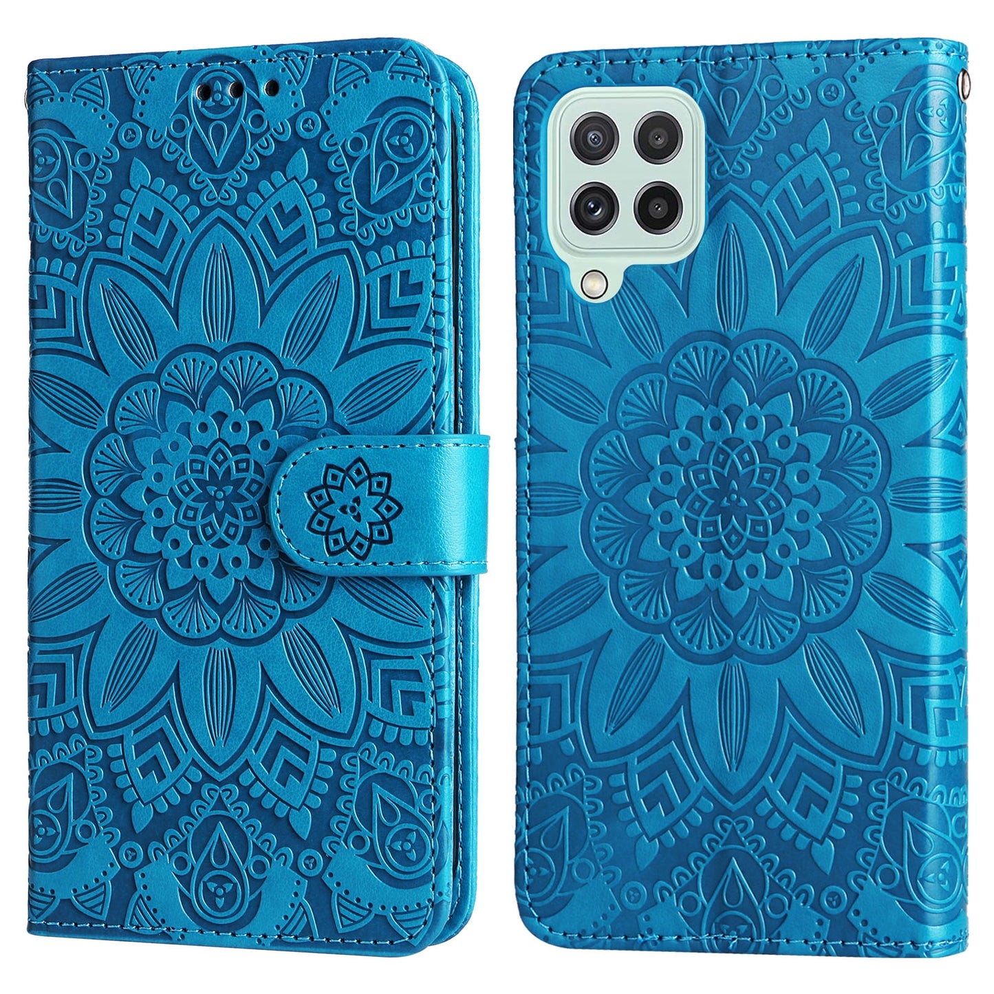 Samsung Galaxy M22 Sunflower Embossed Leather Wallet Phone Case with Kickstand and Card Holder