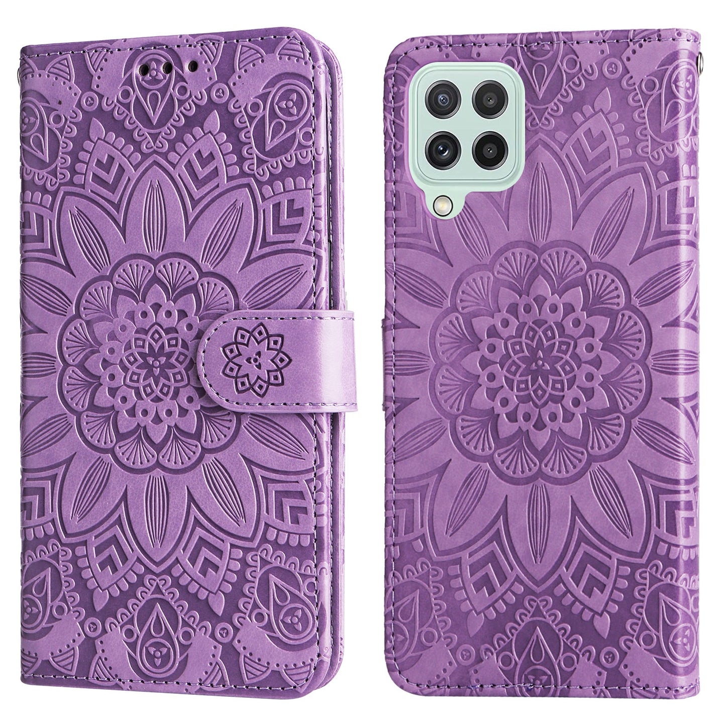 Samsung Galaxy M32 4G Global Sunflower Embossed Leather Wallet Phone Case with Kickstand and Card Holder