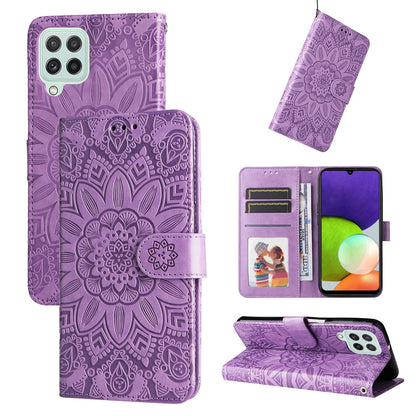 Samsung Galaxy M22 Sunflower Embossed Leather Wallet Phone Case with Kickstand and Card Holder